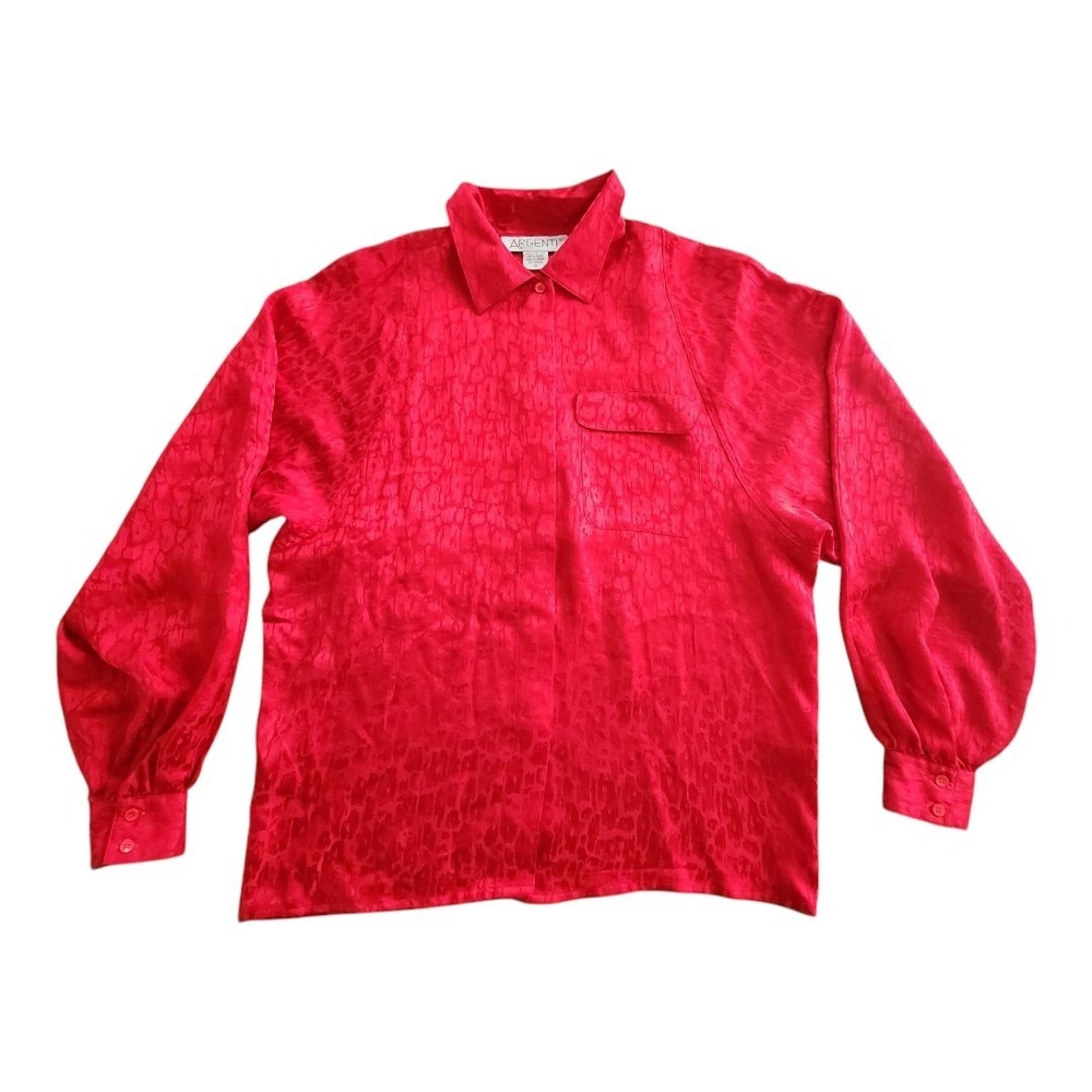 Women's 80s Argenti 100% Pure Silk Retro Red Animal Print Blouse Shirt Pleats